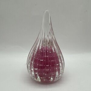 Vintage Joe Rice Art Glass Paperweight Teardrop Pink Geometric Controlled Bubble
